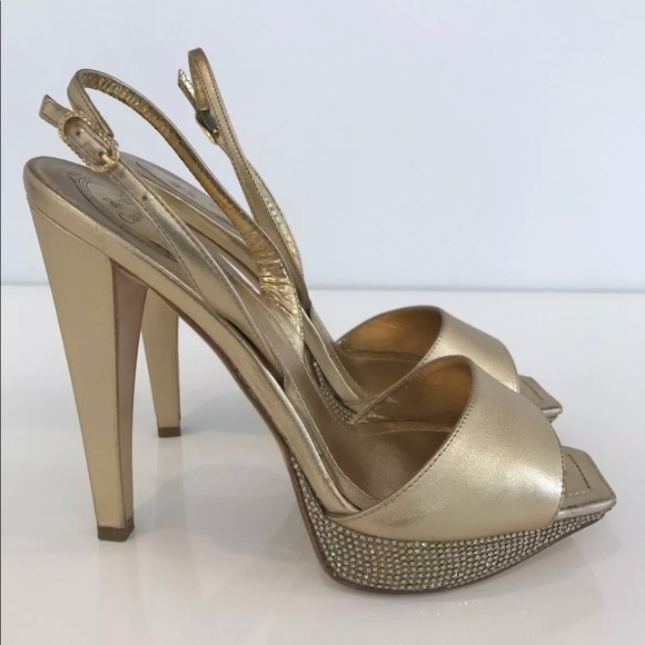 RENE CAOVILLA GOLD CRYSTAL PLATFORM SANDALS SIZE IT 37.5 /US 7.5 - Picture 4 of 17